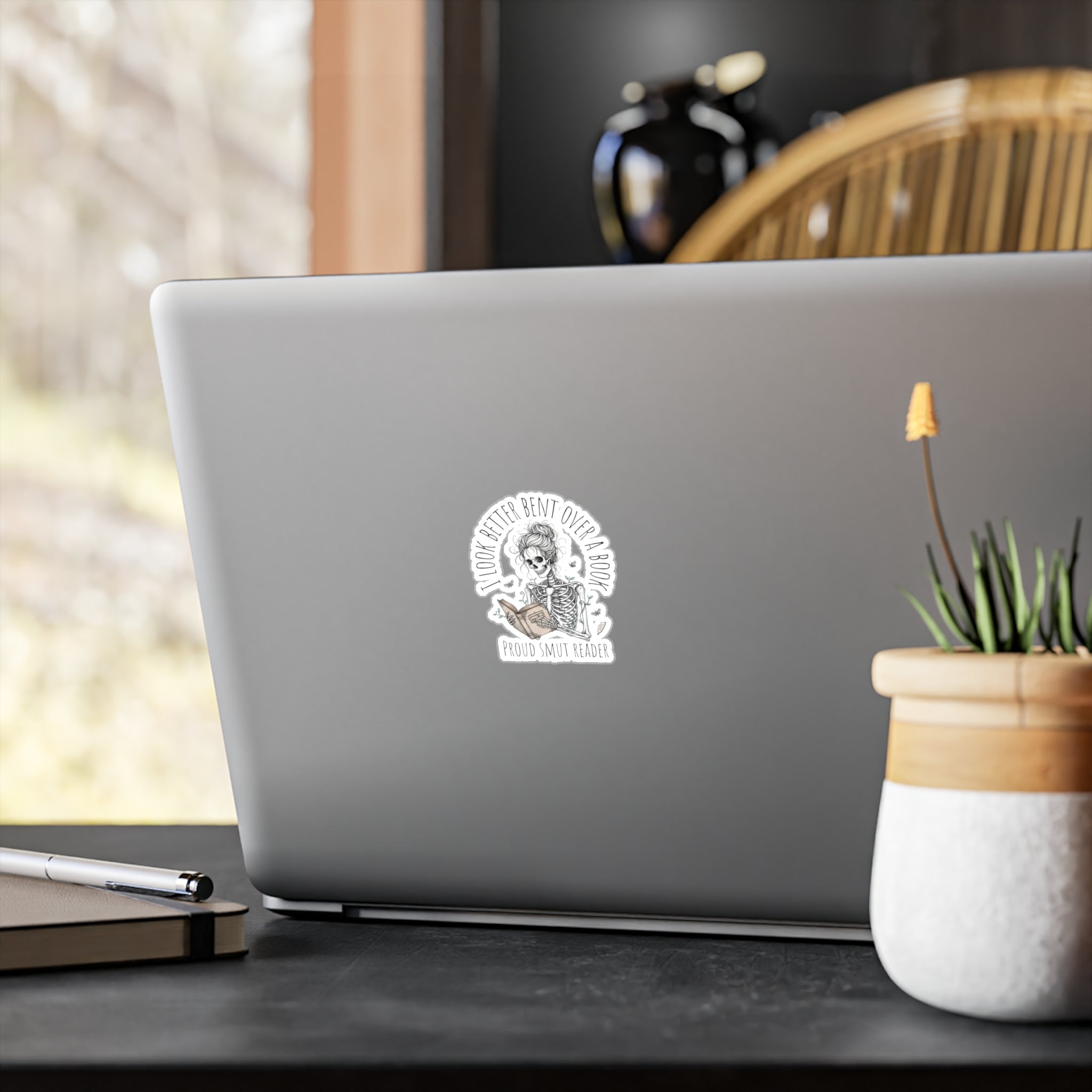 Skeleton Reading Sticker — Gothic Booklover Kiss-Cut Vinyl Decal