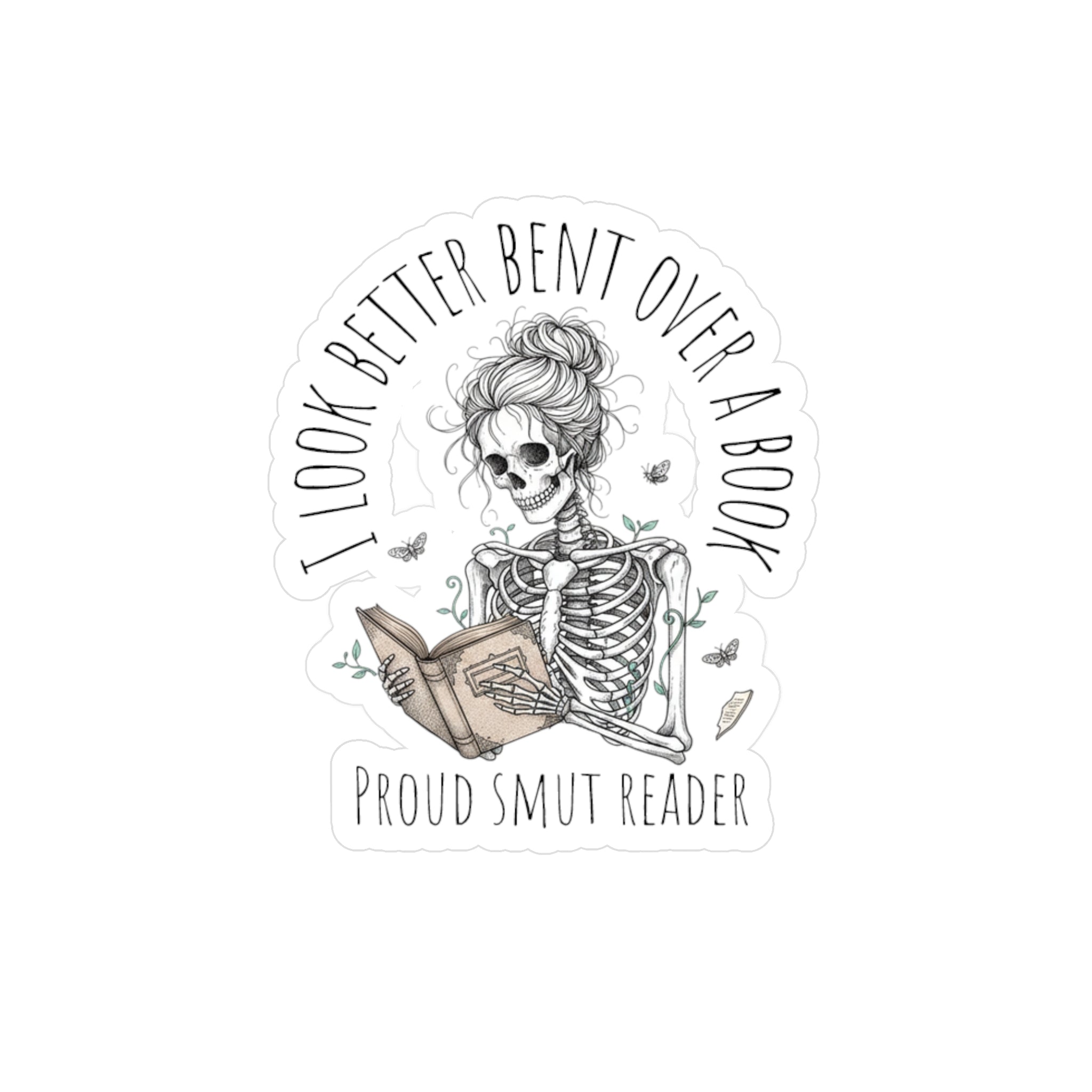 Skeleton Reading Sticker — Gothic Booklover Kiss-Cut Vinyl Decal