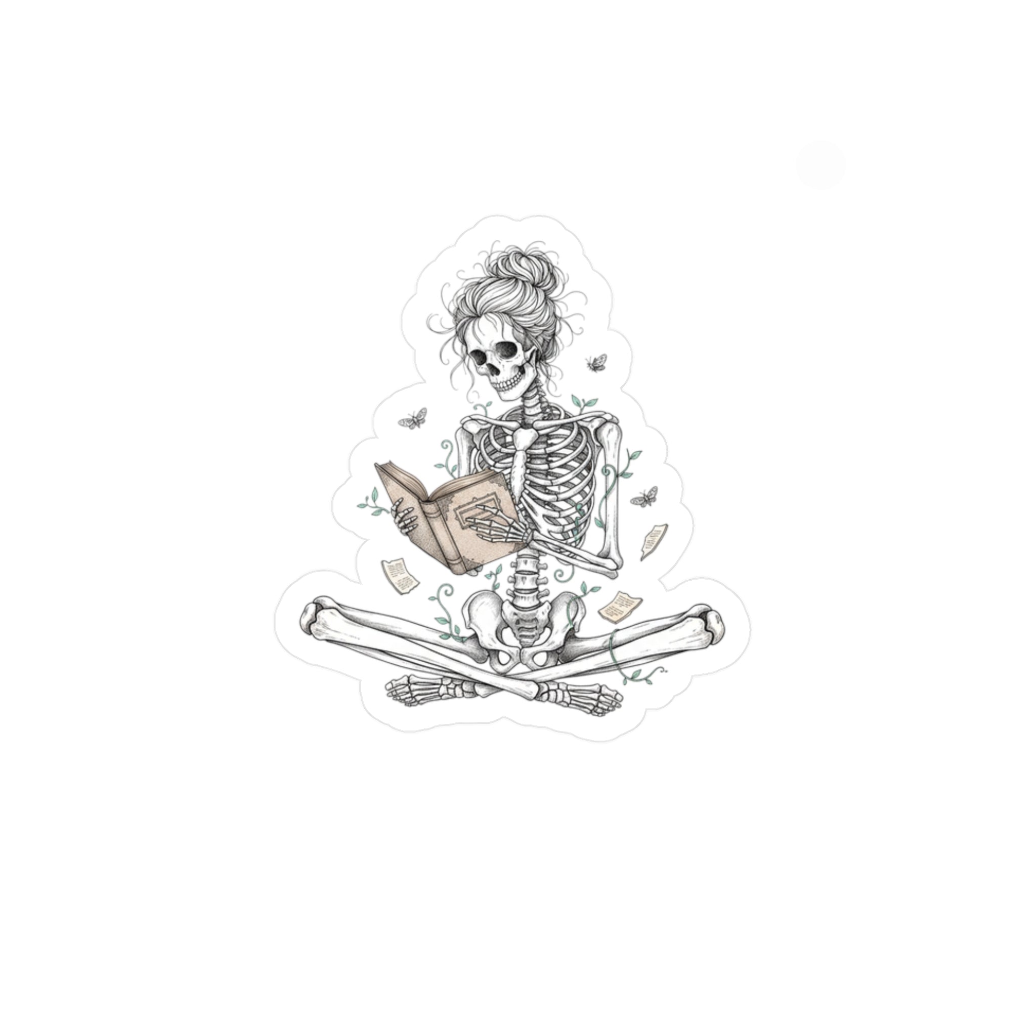 Skeleton Reading Sticker — Gothic Booklover Kiss-Cut Vinyl Decal